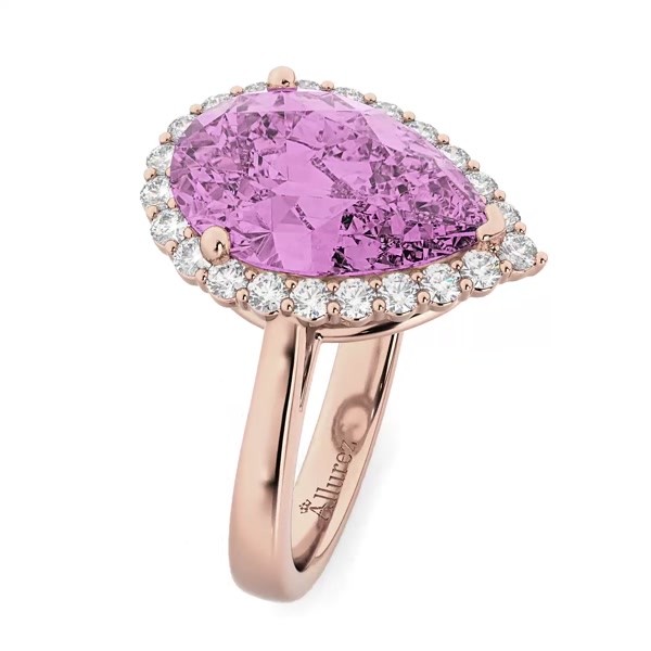 Pear Cut Halo Pink Sapphire & Diamond Engagement Ring 14K