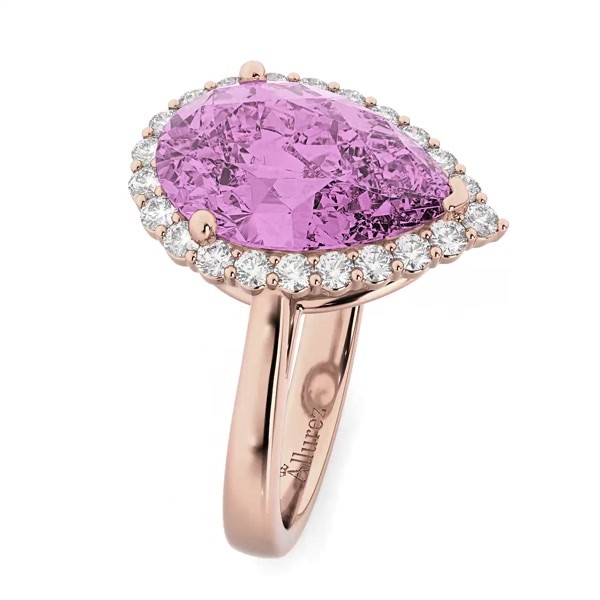 Pear Cut Halo Pink Sapphire & Diamond Engagement Ring 14K