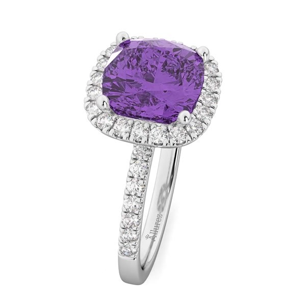 14k White Gold Cushion Amethyst and Diamond Halo Ring