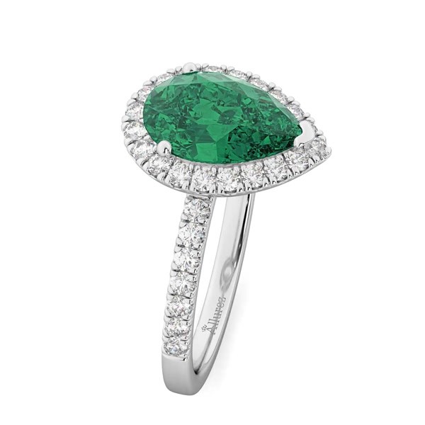 Pear Cut Halo Emerald & Diamond Engagement Ring 14K White