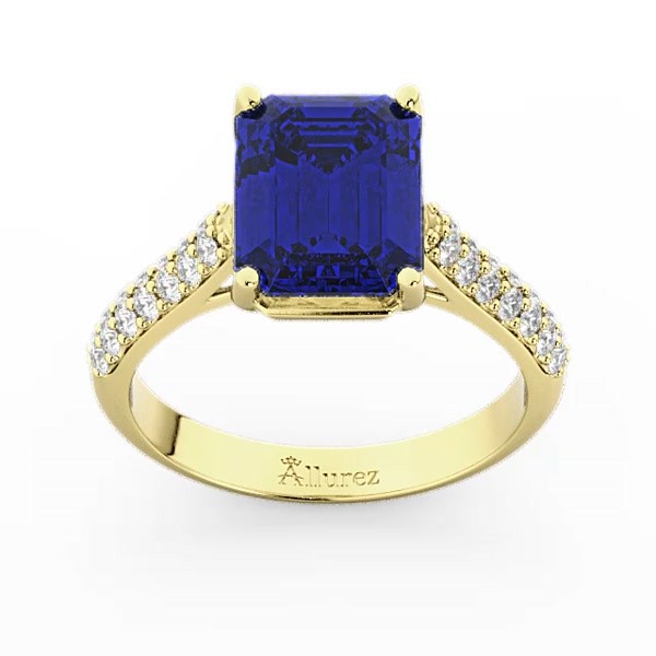 Emerald-Cut Blue Sapphire & Diamond Ring 18k Yellow Gold 5.54ct - AD1939