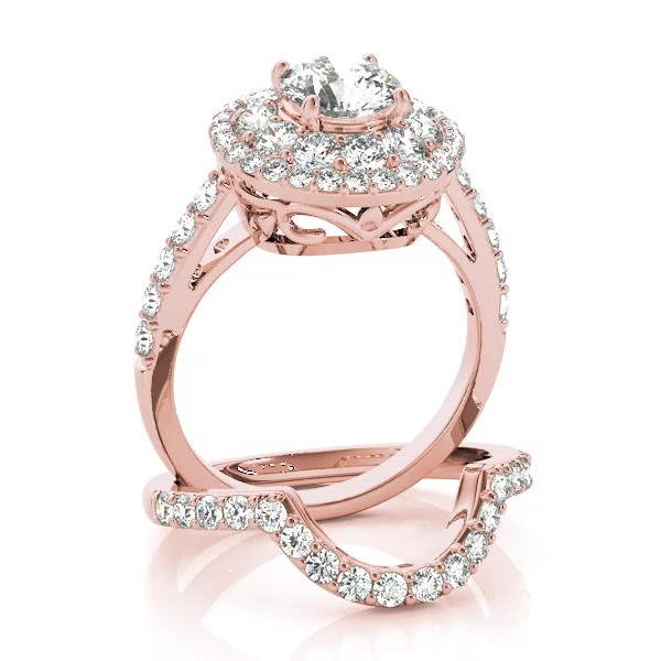 Double Halo Diamond Engagement Ring Bridal Set 18k Rose Gold 2.33ct - NG922