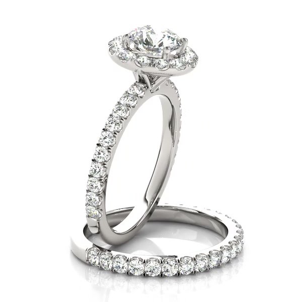 French Pave Halo Diamond Bridal Ring Set 14k White Gold 3.25