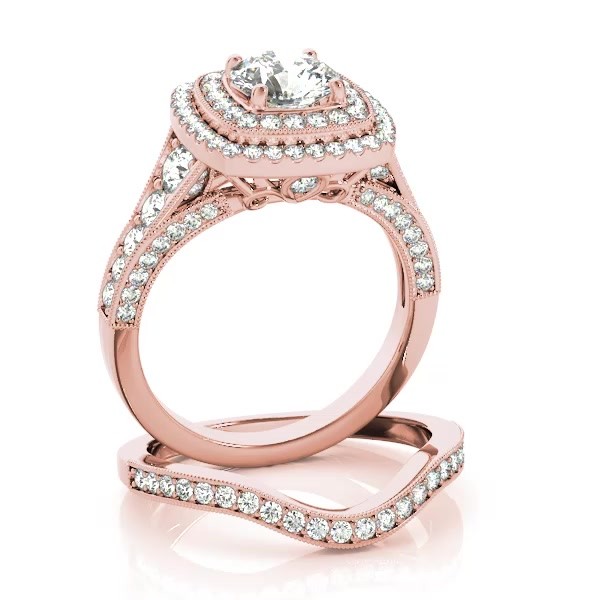 Square Double Halo Diamond Ring & Band Bridal Set 14k Rose Gold 2.20ct ...