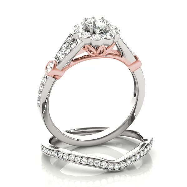 Halo Diamond Flower Engagement Ring Setting 14k TwoTone Gold 0.50ct