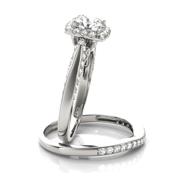 Diamond Accented Square Halo Ring & Band Bridal Set 14k W