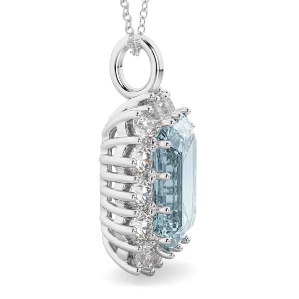 Emerald Cut Aquamarine & Diamond Pendant 14k White Gold