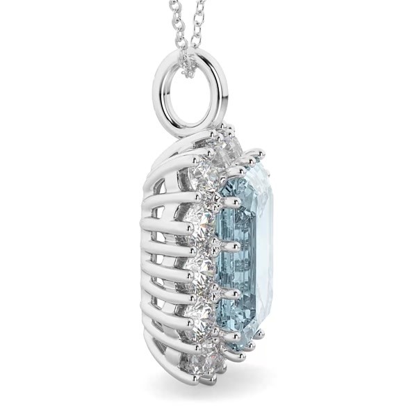 Emerald Cut Aquamarine & Diamond Pendant 14k White Gold