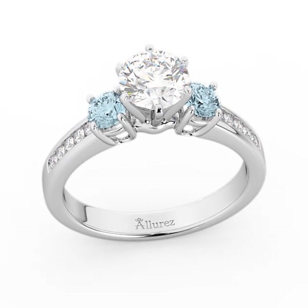 Three-Stone Aquamarine & Diamond Engagement Ring 18k White Gold 0.45ct