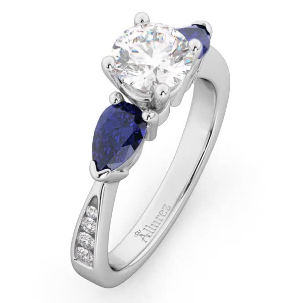 Round Diamond & Pear Blue Sapphire Engagement Ring 14k White