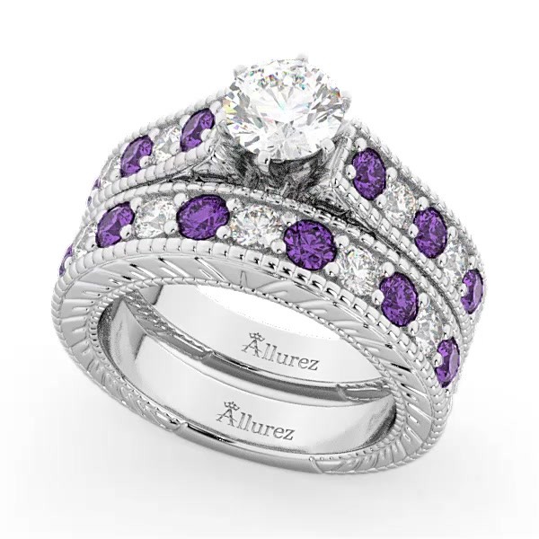 Antique Diamond & Amethyst Wedding & Engagement Ring Set