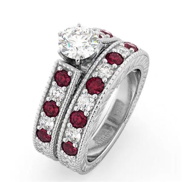 Antique Diamond Ruby Bridal Wedding Ring Set 14k White Gold