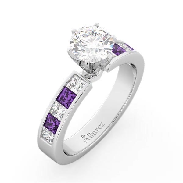Channel Amethyst Diamond Engagement Ring 14k White Gold