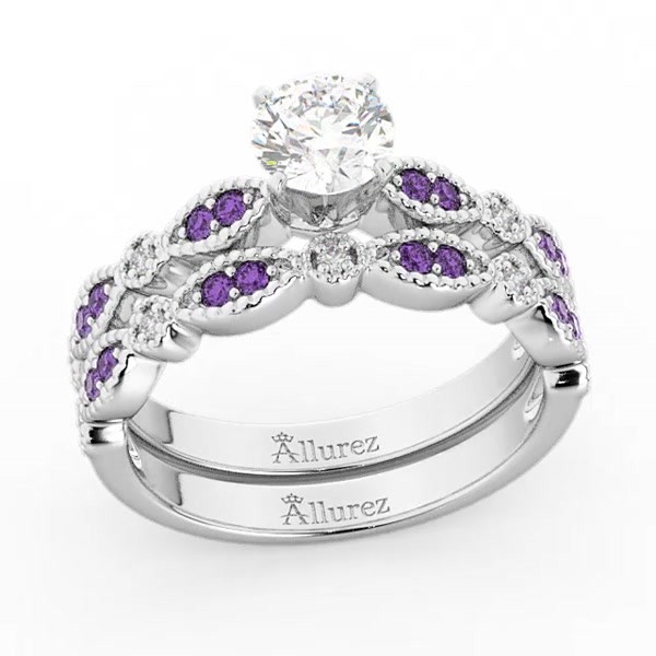 Marquise and Dot Amethyst & Diamond Bridal Set 14k White