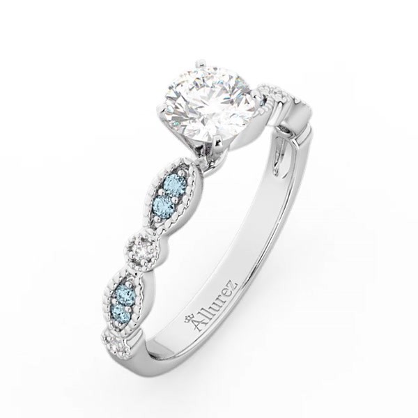 Marquise Aquamarine Diamond Engagement Ring 14k White Gold 0.24ct 