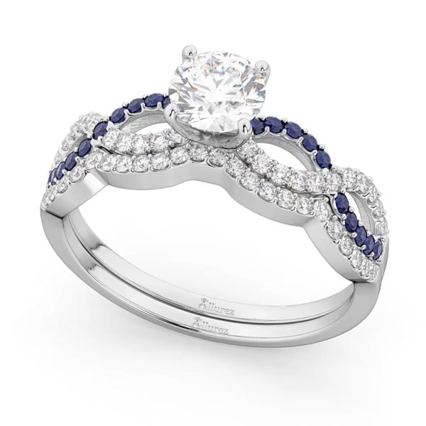 Infinity Diamond Blue Sapphire Ring Bridal Set platinum