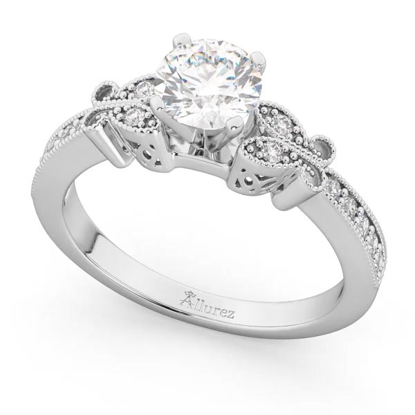 Round Diamond Butterfly Design Engagement Ring 14k White Gold 1ct - U5725