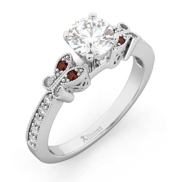 Butterfly Diamond Garnet Engagement Ring 14k White Gold