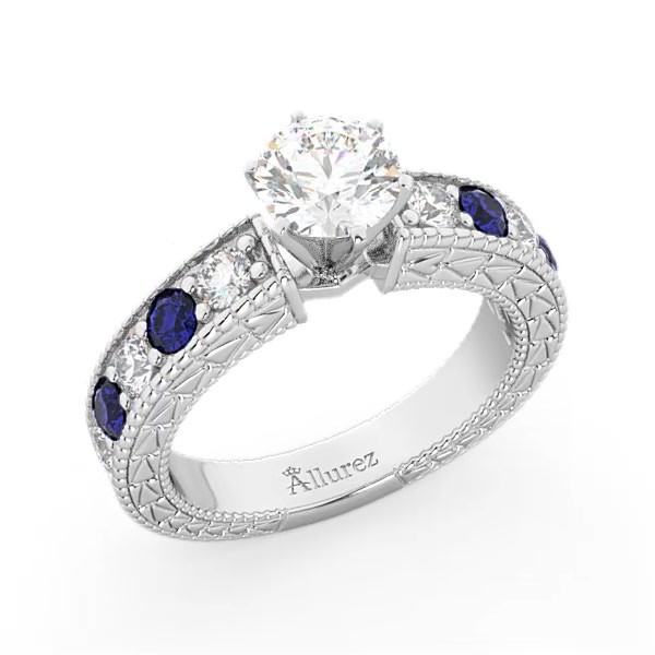 Antique Diamond Blue Sapphire Engagement Ring 14k White Gold